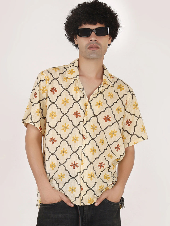 Yellow Motif Textured Cotton Shirt